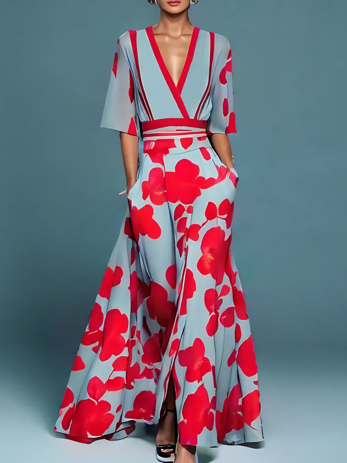 Maine | Elegant Floral V-Neck Long Dress